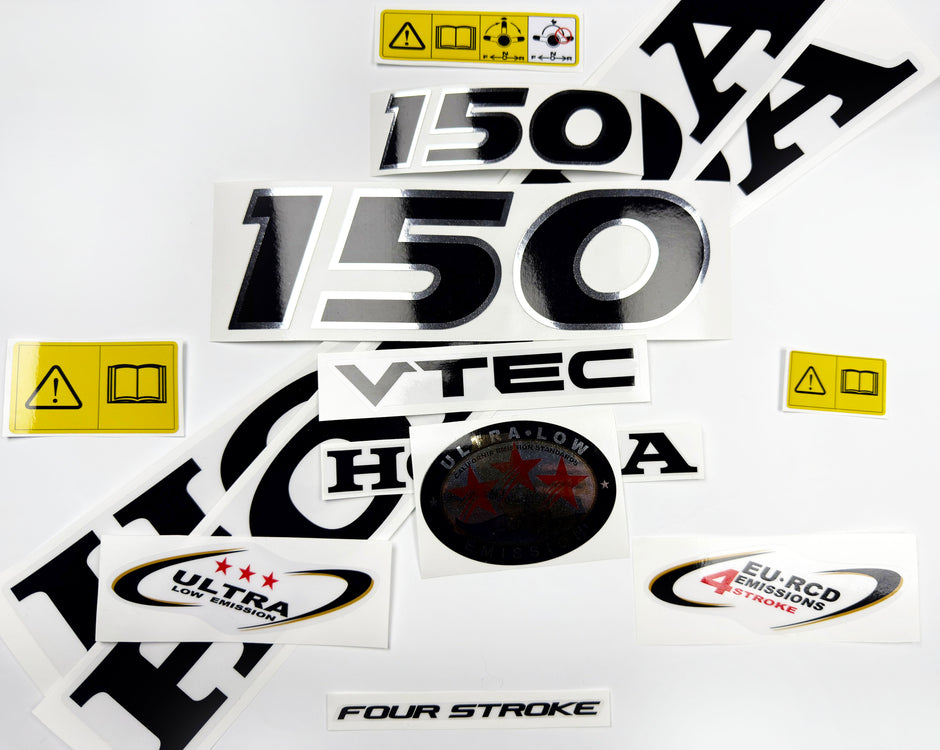 Vinyl graphic decals set chrome color suitable for Honda VTEC 150 hp four stroke outboard engine. Vinyl stickers kit for Honda 150 hp four stroke Handmade
