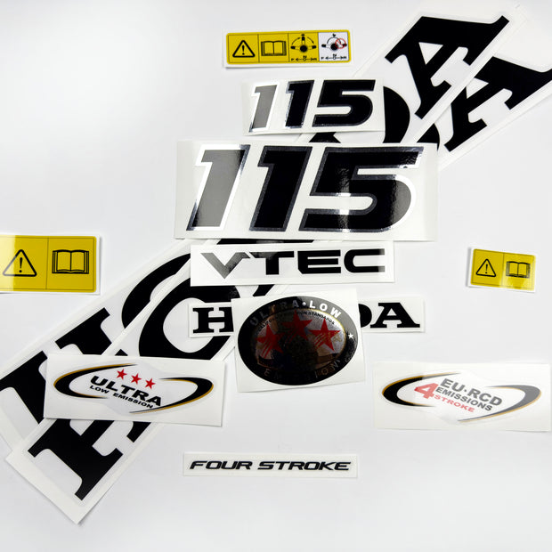 Vinyl graphic decals set chrome color suitable for Honda VTEC 115 hp four stroke outboard engine. Vinyl stickers kit for Honda 115 hp four stroke Handmade