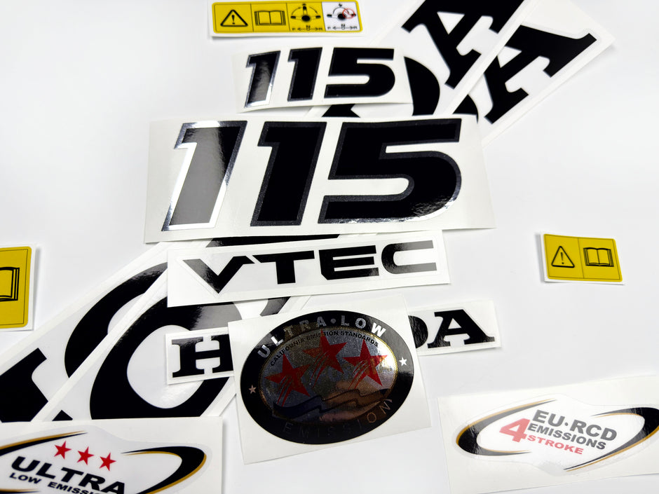 Vinyl graphic decals set chrome color suitable for Honda VTEC 115 hp four stroke outboard engine. Vinyl stickers kit for Honda 115 hp four stroke Handmade