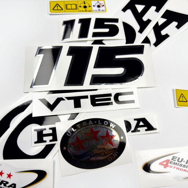 Vinyl graphic decals set chrome color suitable for Honda VTEC 115 hp four stroke outboard engine. Vinyl stickers kit for Honda 115 hp four stroke Handmade