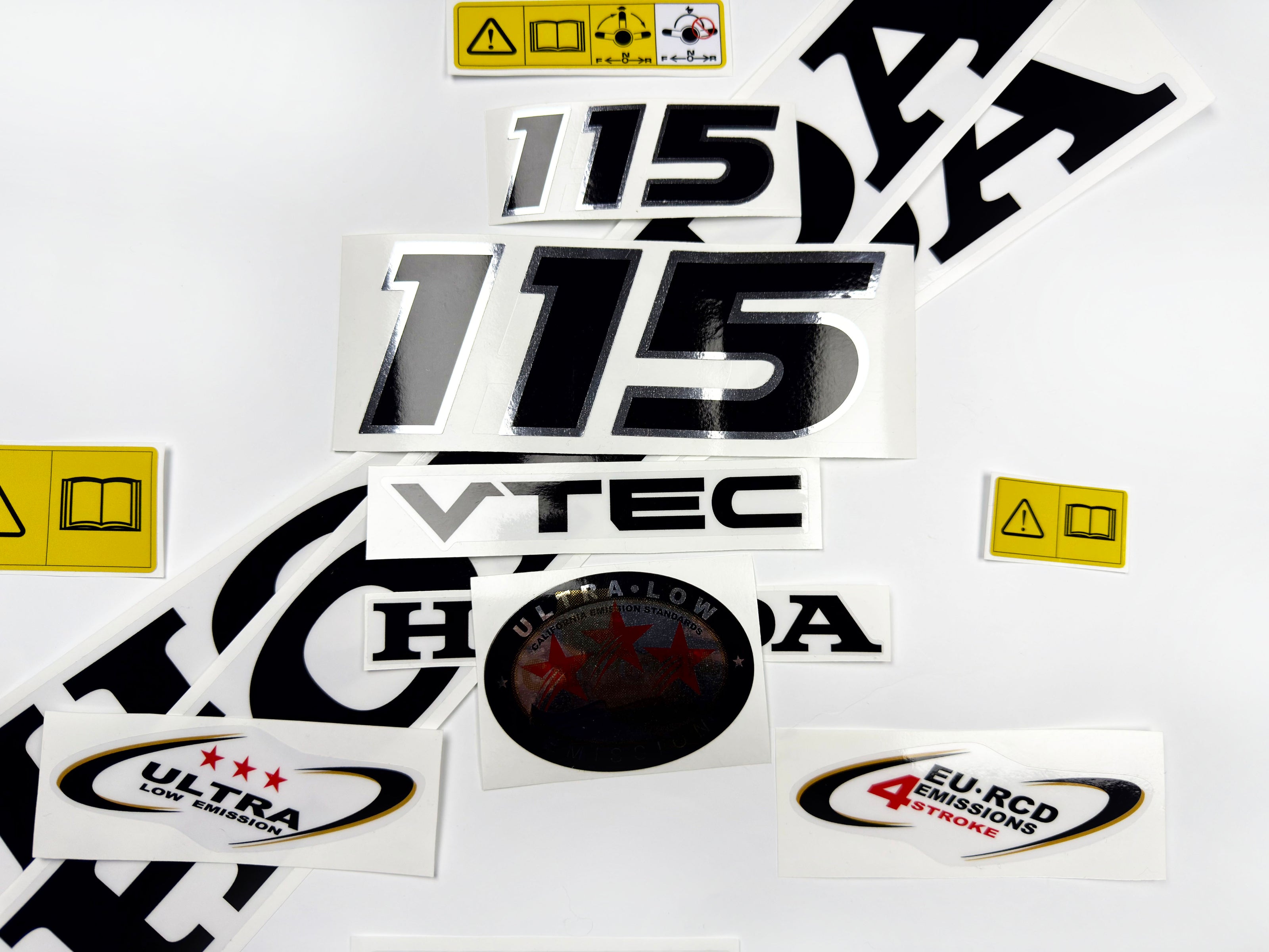 Vinyl graphic decals set chrome color suitable for Honda VTEC 115 hp four stroke outboard engine. Vinyl stickers kit for Honda 115 hp four stroke Handmade