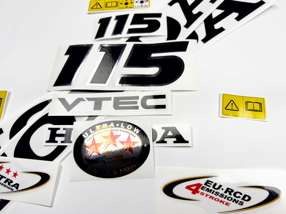 Vinyl graphic decals set chrome color suitable for Honda VTEC 115 hp four stroke outboard engine. Vinyl stickers kit for Honda 115 hp four stroke Handmade