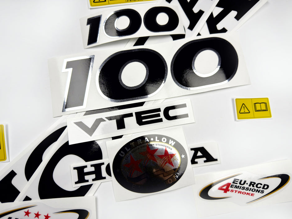 Vinyl graphic decals set chrome color suitable for Honda VTEC 100 hp four stroke outboard engine. Vinyl stickers kit for Honda 100 hp four stroke Handmade