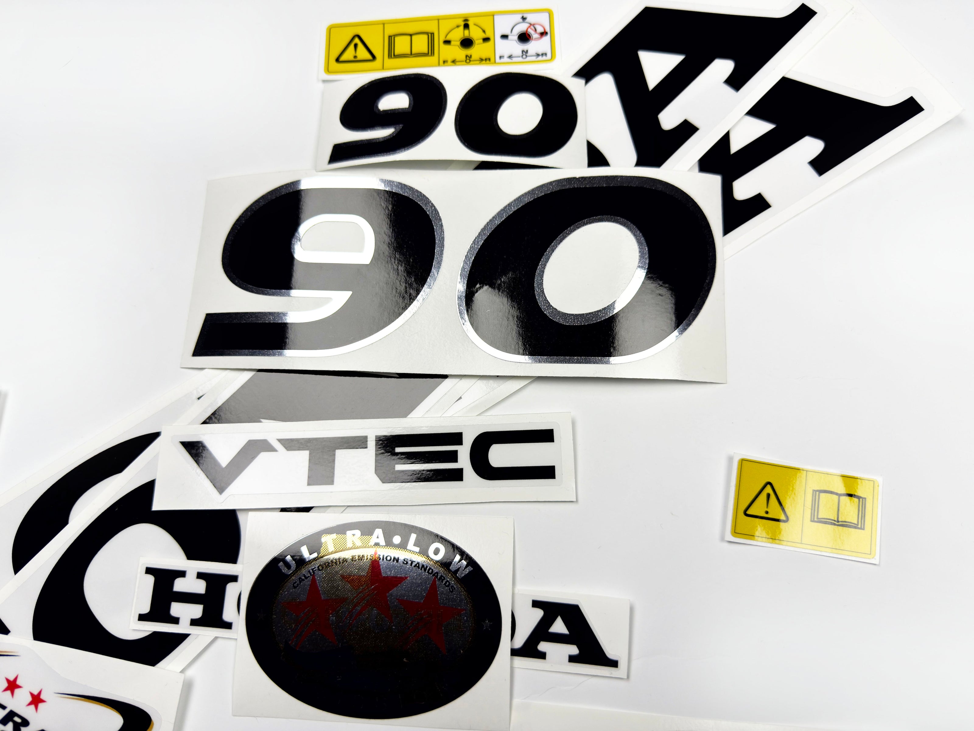 Vinyl graphic decals set chrome color suitable for Honda VTEC 90 hp four stroke outboard engine. Vinyl stickers kit for Honda 90 hp four stroke Handmade