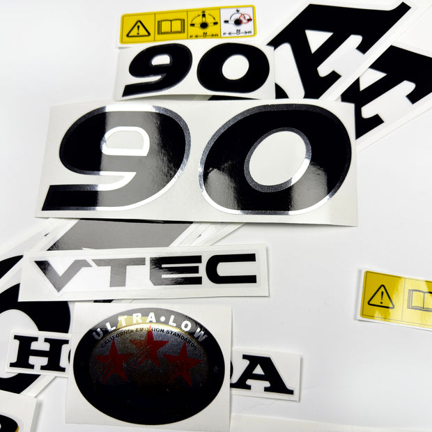 Vinyl graphic decals set chrome color suitable for Honda VTEC 90 hp four stroke outboard engine. Vinyl stickers kit for Honda 90 hp four stroke Handmade