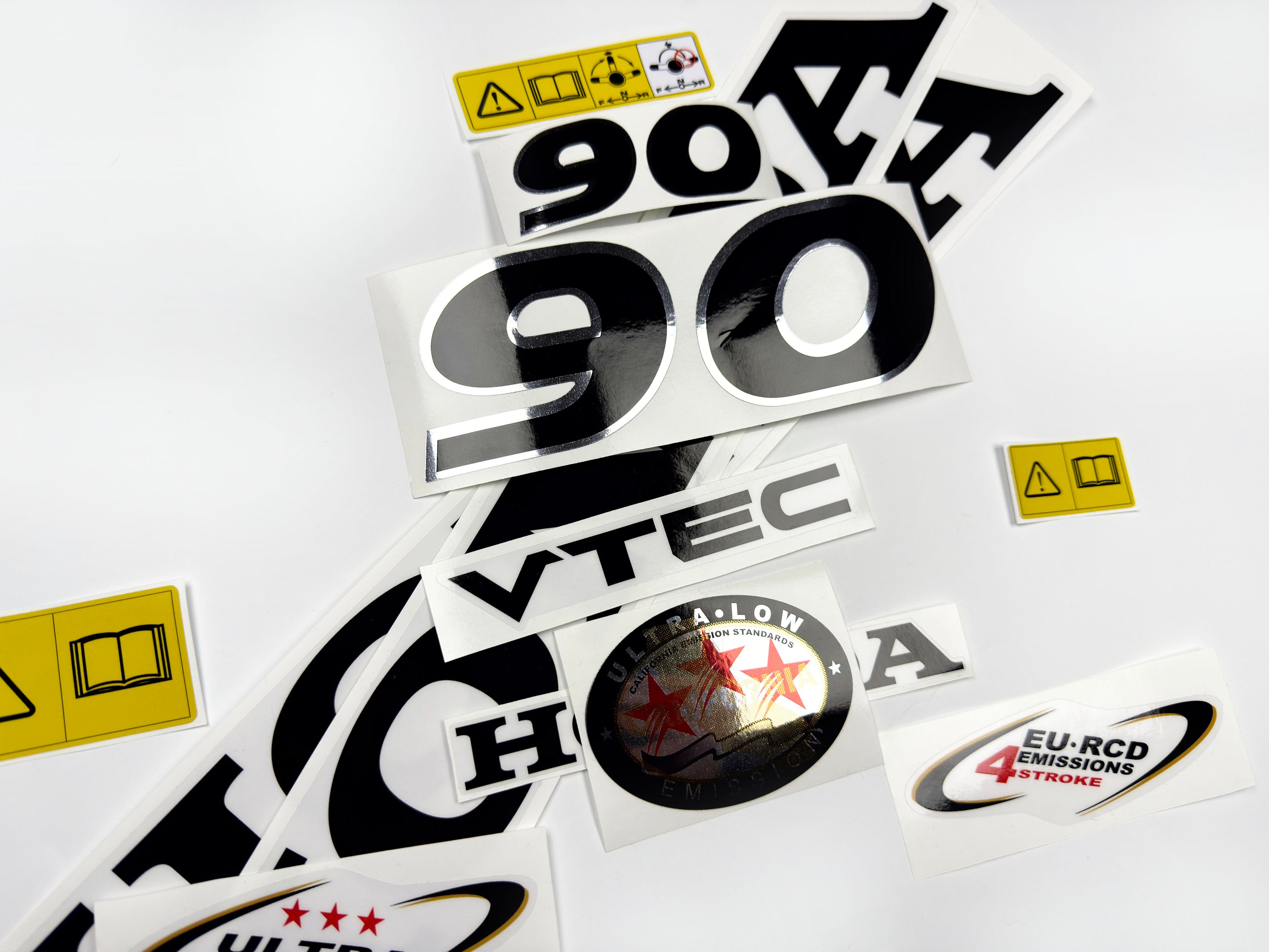 Vinyl graphic decals set chrome color suitable for Honda VTEC 90 hp four stroke outboard engine. Vinyl stickers kit for Honda 90 hp four stroke Handmade