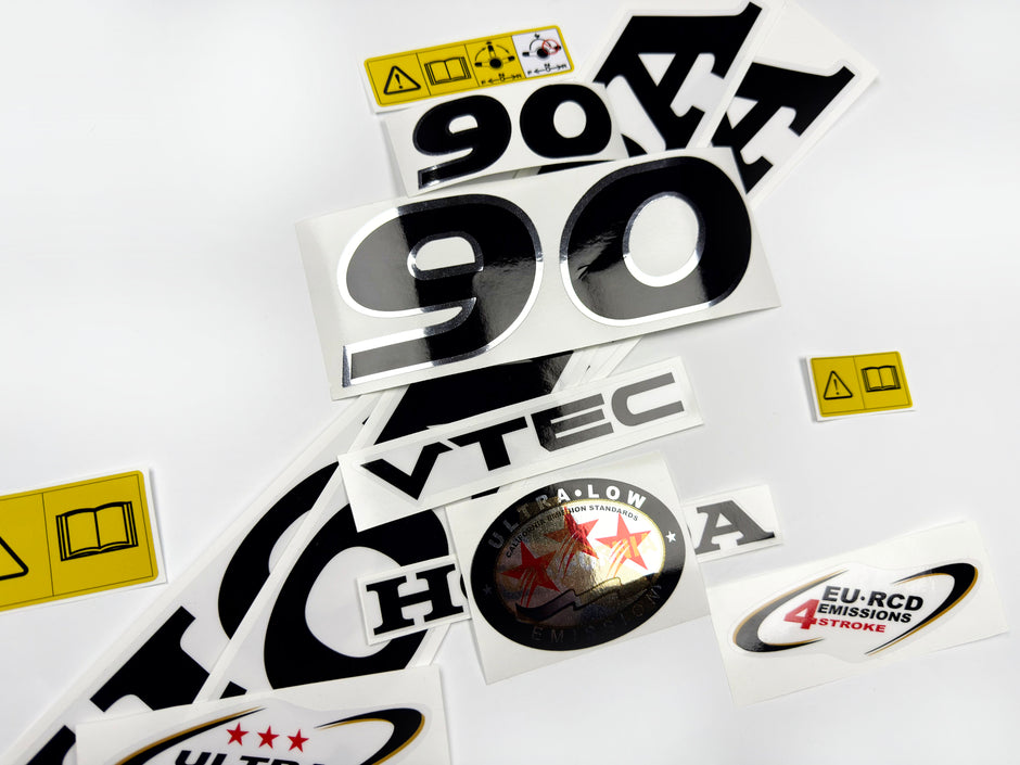 Vinyl graphic decals set chrome color suitable for Honda VTEC 90 hp four stroke outboard engine. Vinyl stickers kit for Honda 90 hp four stroke Handmade