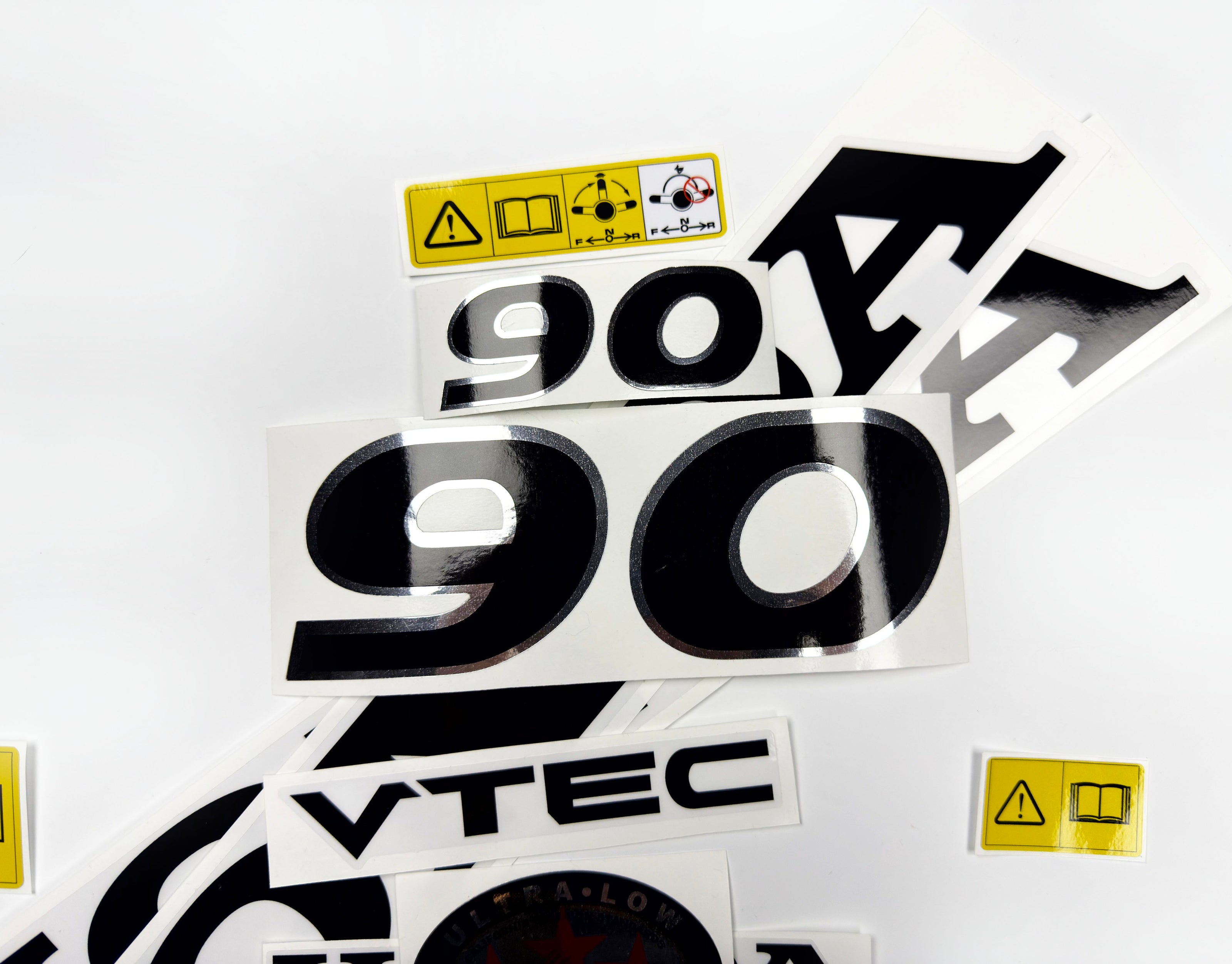 Vinyl graphic decals set chrome color suitable for Honda VTEC 90 hp four stroke outboard engine. Vinyl stickers kit for Honda 90 hp four stroke Handmade