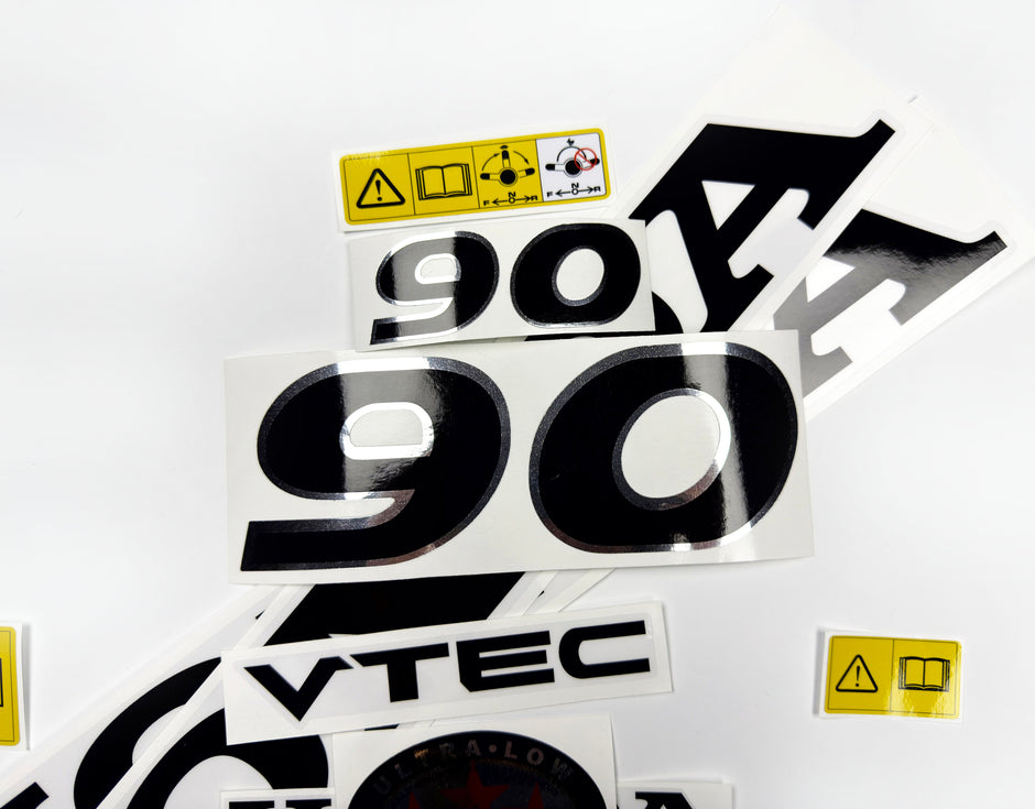 Vinyl graphic decals set chrome color suitable for Honda VTEC 90 hp four stroke outboard engine. Vinyl stickers kit for Honda 90 hp four stroke Handmade