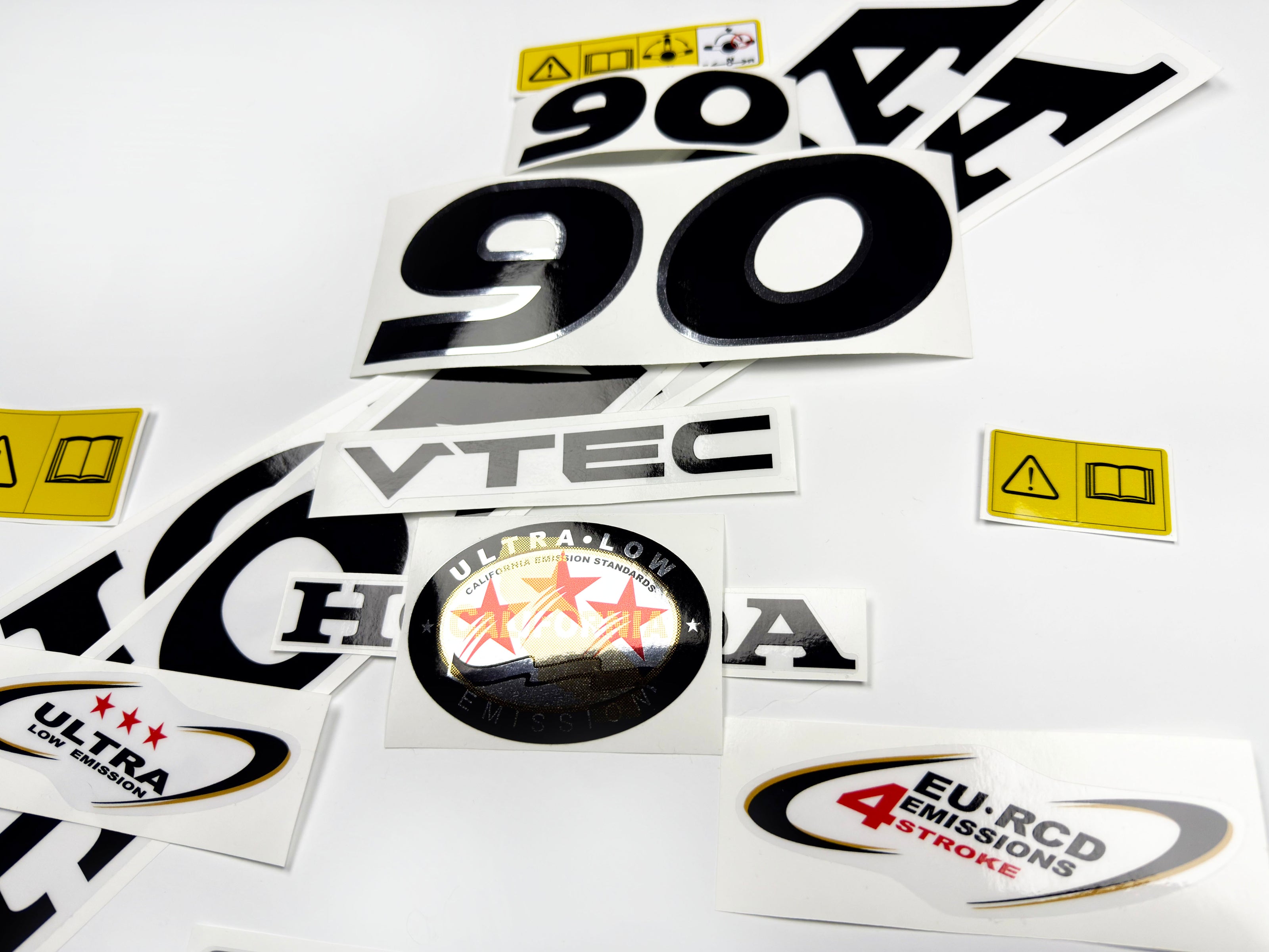 Vinyl graphic decals set chrome color suitable for Honda VTEC 90 hp four stroke outboard engine. Vinyl stickers kit for Honda 90 hp four stroke Handmade
