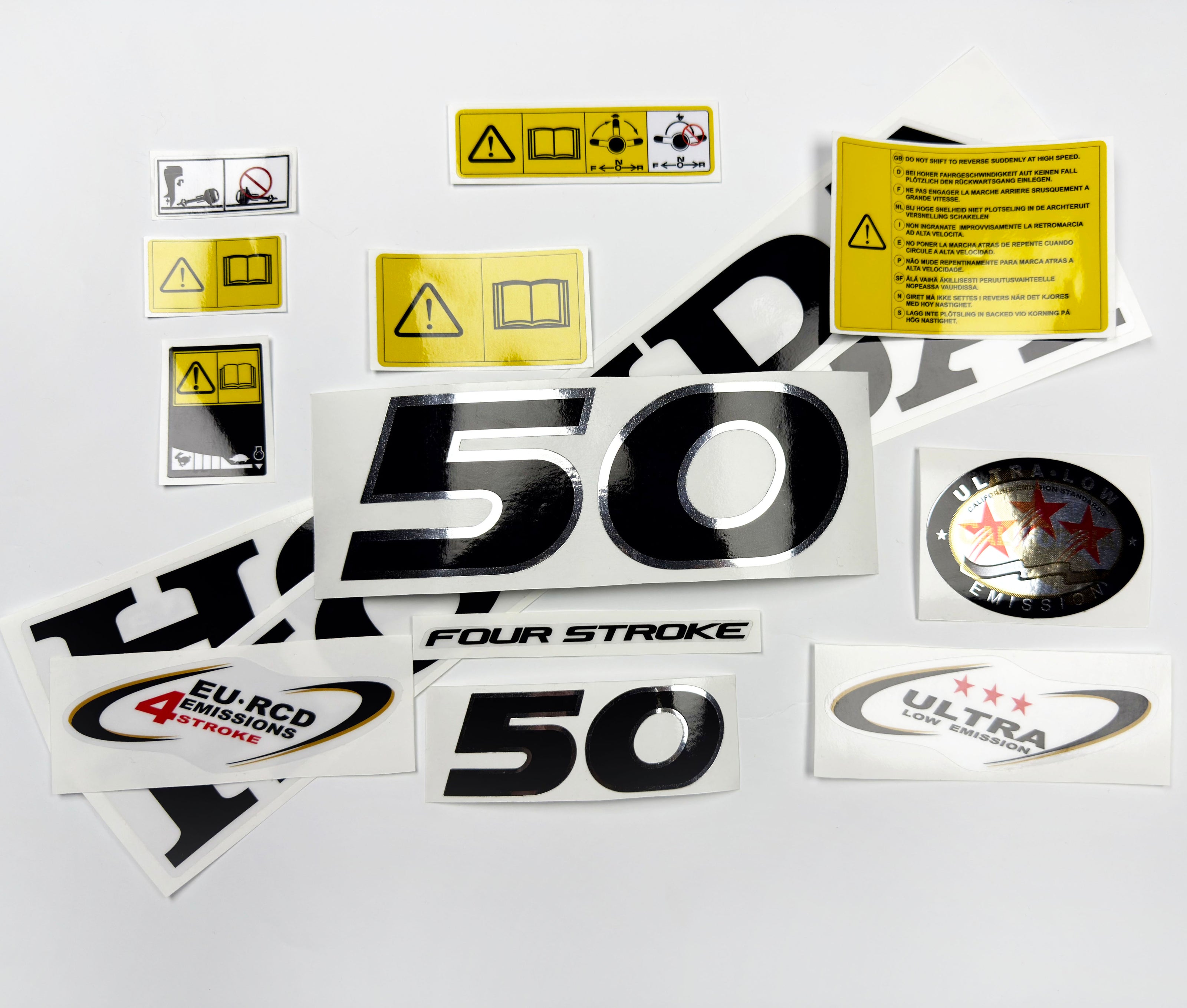 Vinyl graphic decals set chrome color suitable for Honda 50 hp four stroke outboard engine. Vinyl stickers kit for Honda 50  hp four stroke Handmade