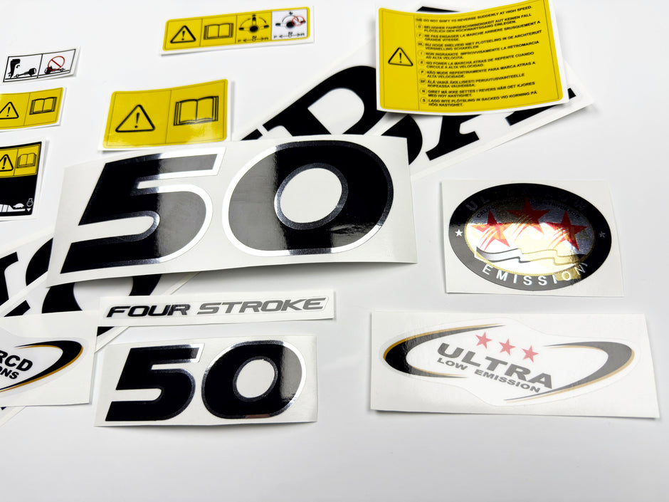 Vinyl graphic decals set chrome color suitable for Honda 50 hp four stroke outboard engine. Vinyl stickers kit for Honda 50  hp four stroke Handmade