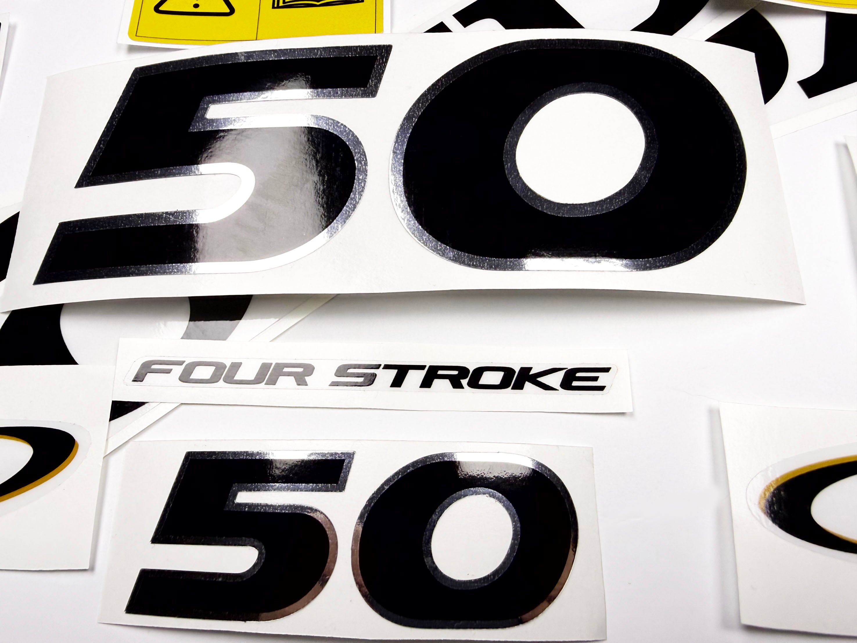 Vinyl graphic decals set chrome color suitable for Honda 50 hp four stroke outboard engine. Vinyl stickers kit for Honda 50  hp four stroke Handmade