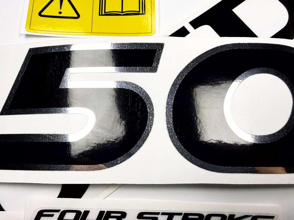 Vinyl graphic decals set chrome color suitable for Honda 50 hp four stroke outboard engine. Vinyl stickers kit for Honda 50  hp four stroke Handmade