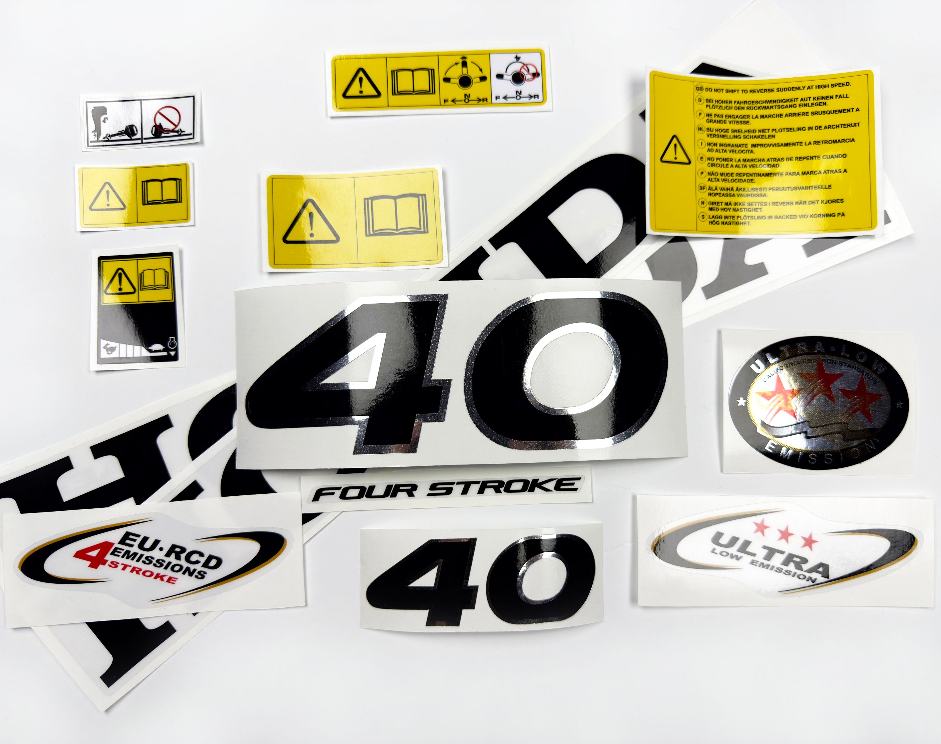 Vinyl graphic decals set chrome color suitable for Honda 40 hp four stroke outboard engine. Vinyl stickers kit for Honda 40  hp four stroke Handmade