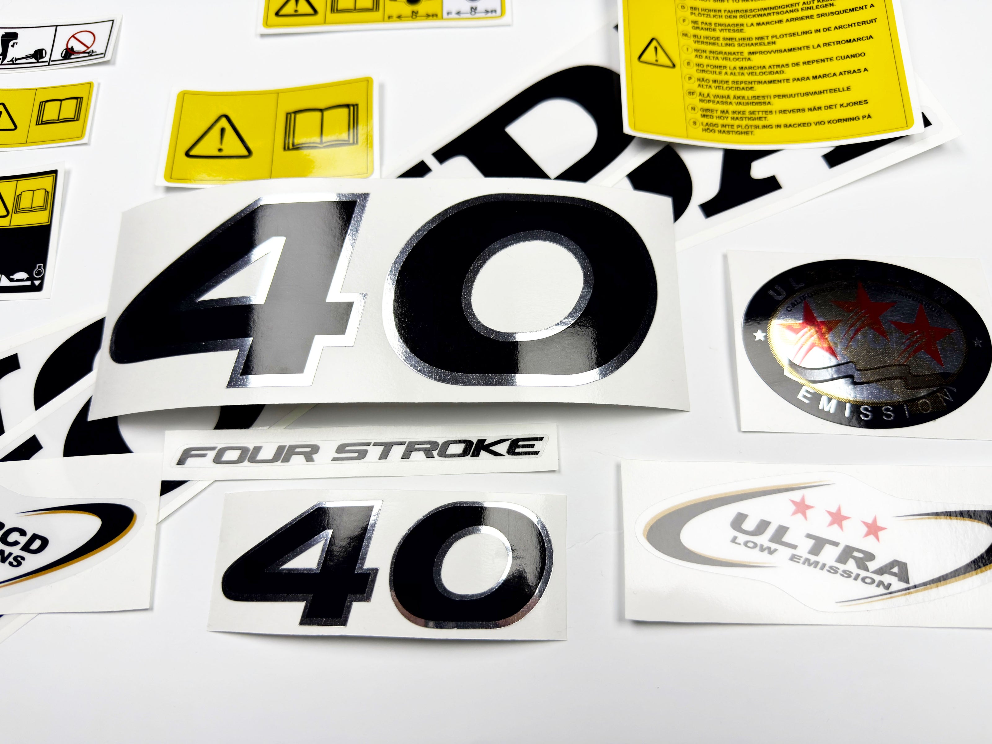 Vinyl graphic decals set chrome color suitable for Honda 40 hp four stroke outboard engine. Vinyl stickers kit for Honda 40  hp four stroke Handmade