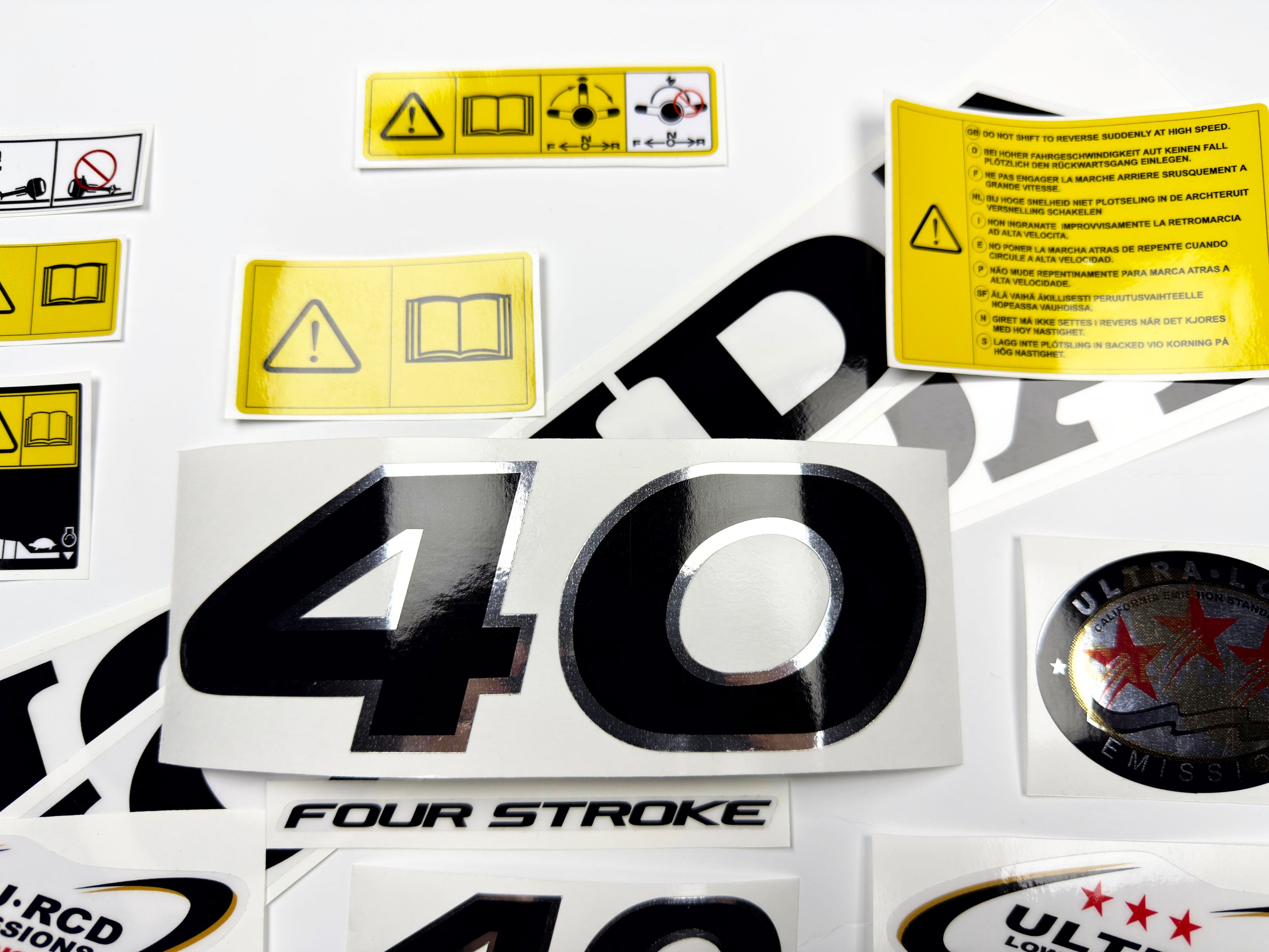 Vinyl graphic decals set chrome color suitable for Honda 40 hp four stroke outboard engine. Vinyl stickers kit for Honda 40  hp four stroke Handmade