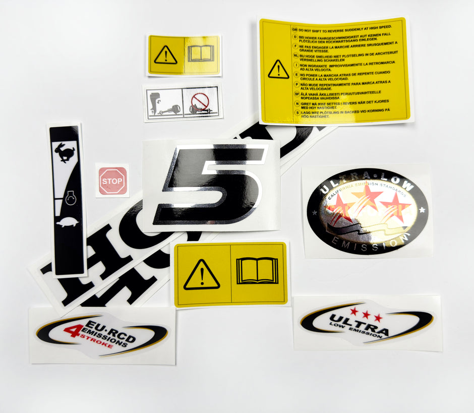 Vinyl graphic decals set chrome color suitable for Honda 5 hp four stroke outboard engine. Vinyl stickers kit for Honda 5 hp four stroke Handmade
