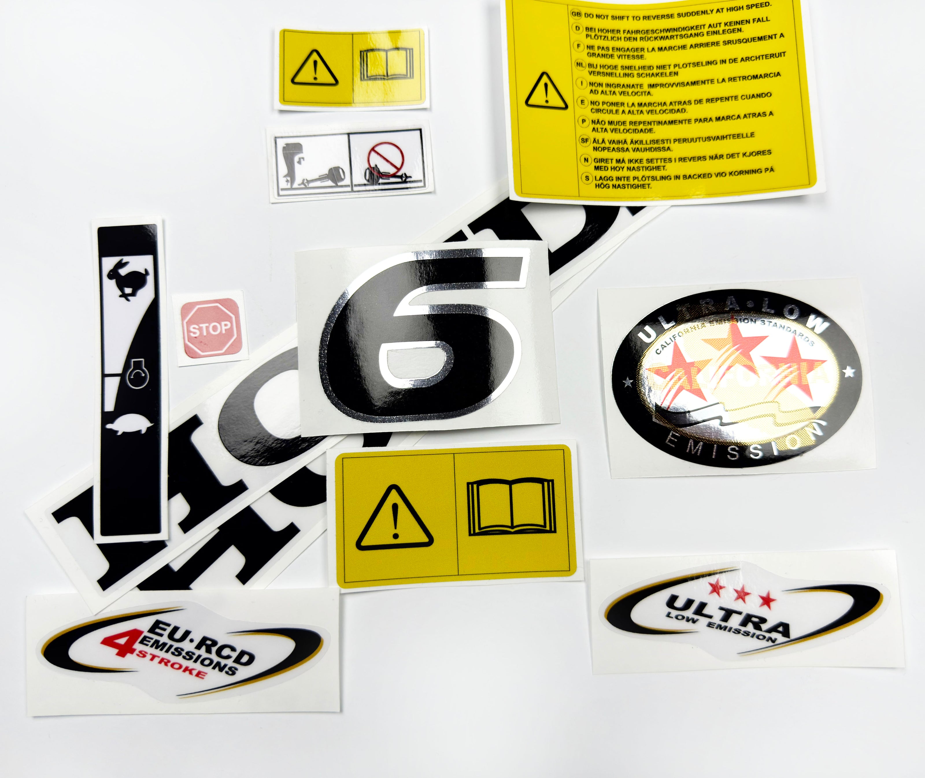 Vinyl graphic decals set chrome color suitable for Honda 6 hp four stroke outboard engine. Vinyl stickers kit for Honda 6  hp four stroke Handmade