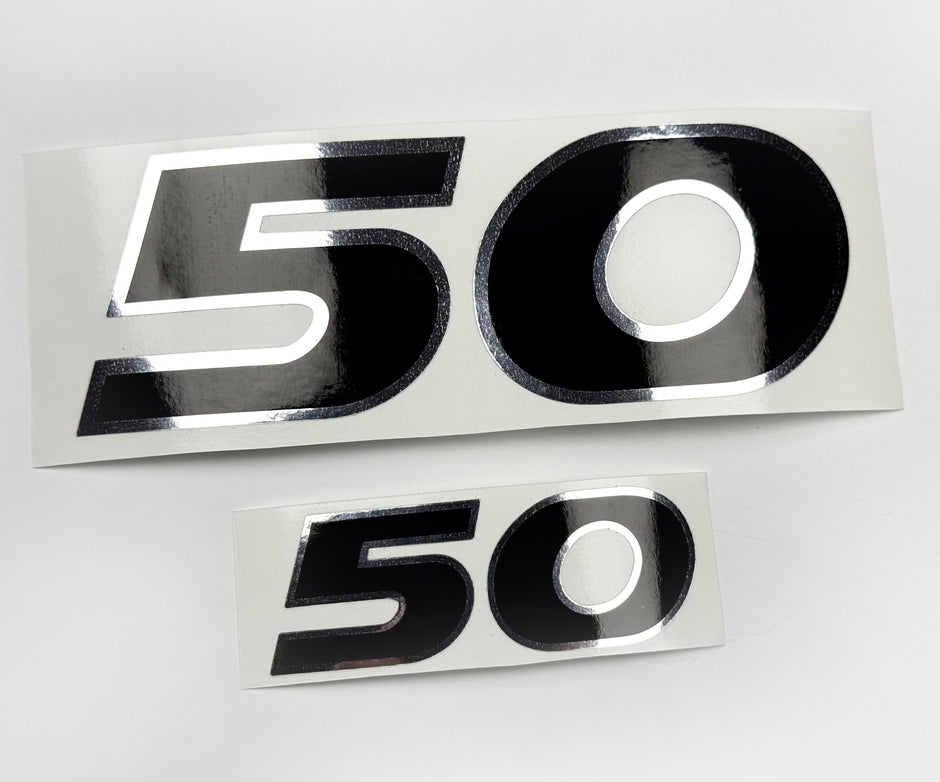 Vinyl graphic decals set two numbers "50" black with shiny chrome edging For Honda 50 hp outboard motor
