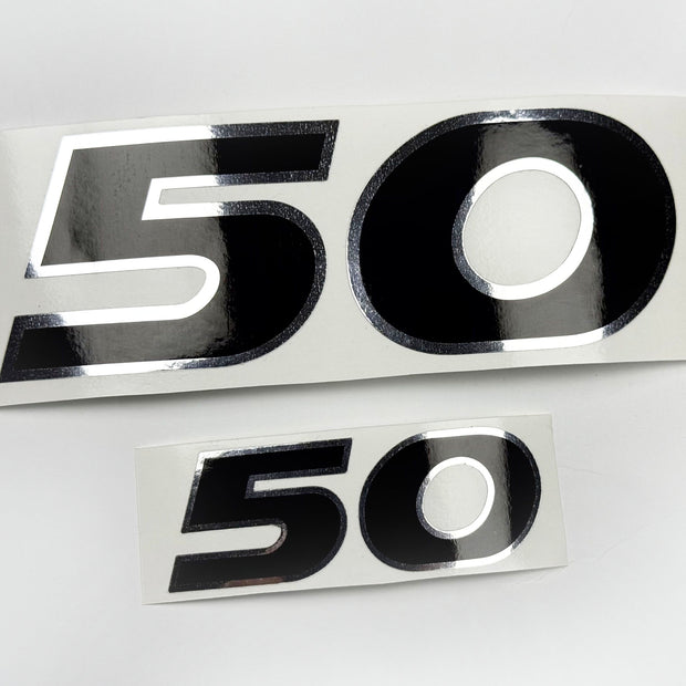 Vinyl graphic decals set two numbers "50" black with shiny chrome edging For Honda 50 hp outboard motor