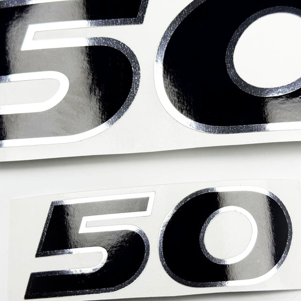 Vinyl graphic decals set two numbers "50" black with shiny chrome edging For Honda 50 hp outboard motor