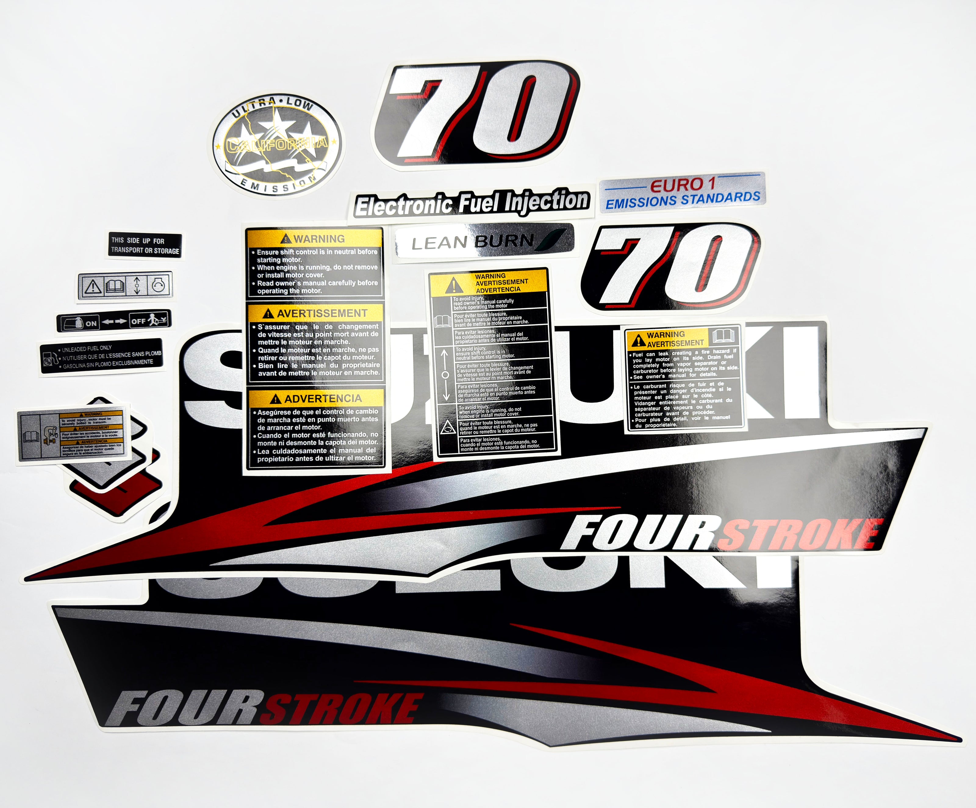 Vinyl graphic red silver shimmer decals set suitable for Suzuki 70 hp four stroke outboard engine. Vinyl stickers kit for suzuki 70 hp four stroke Handmade