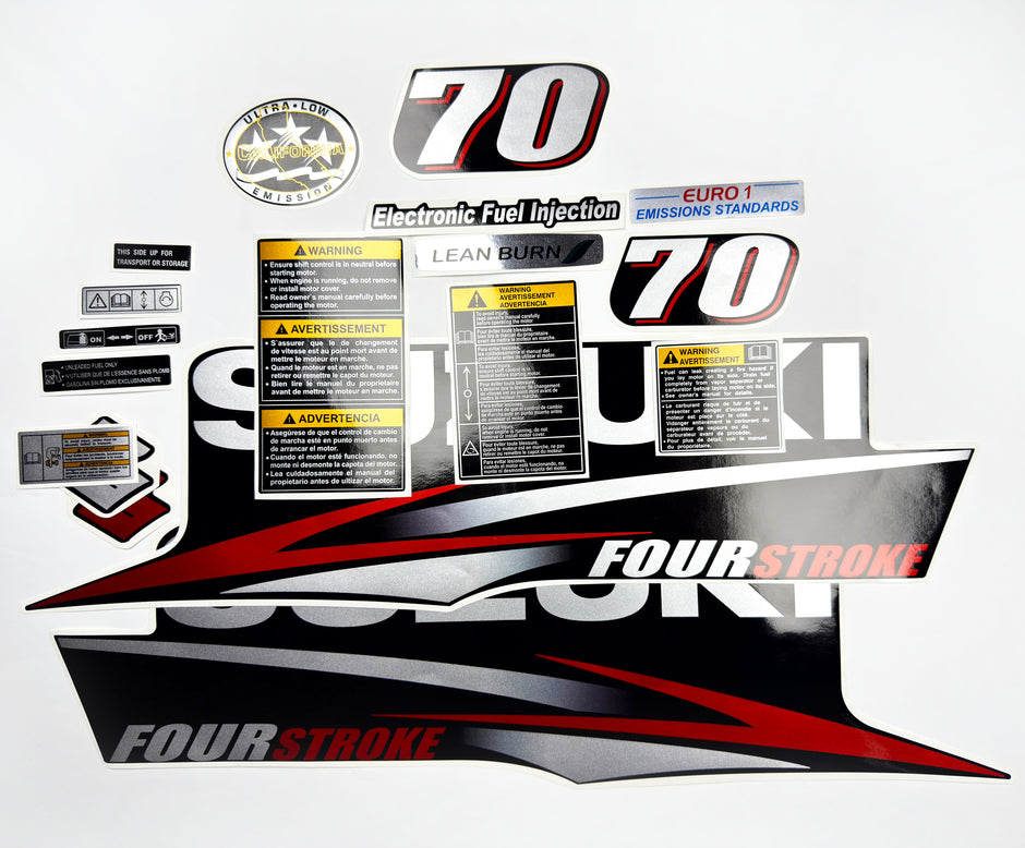 Vinyl graphic red silver shimmer decals set suitable for Suzuki 70 hp four stroke outboard engine. Vinyl stickers kit for suzuki 70 hp four stroke Handmade