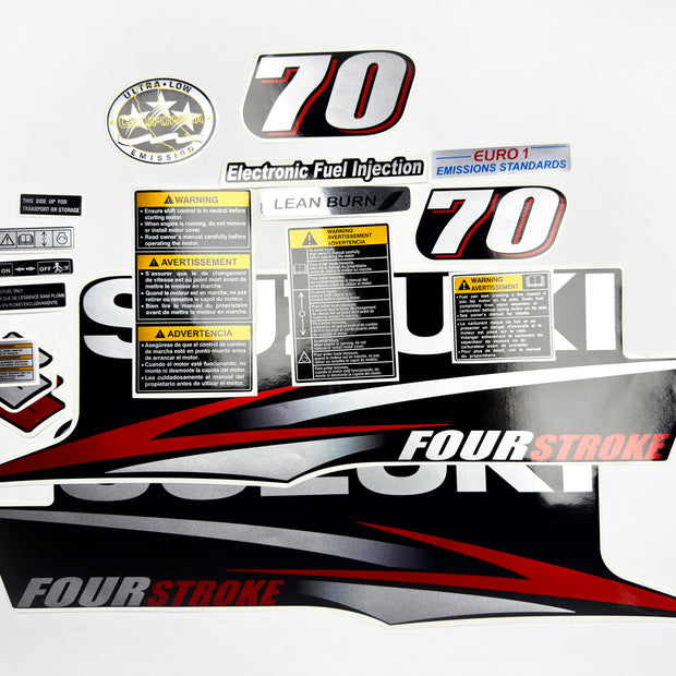 Vinyl graphic red silver shimmer decals set suitable for Suzuki 70 hp four stroke outboard engine. Vinyl stickers kit for suzuki 70 hp four stroke Handmade