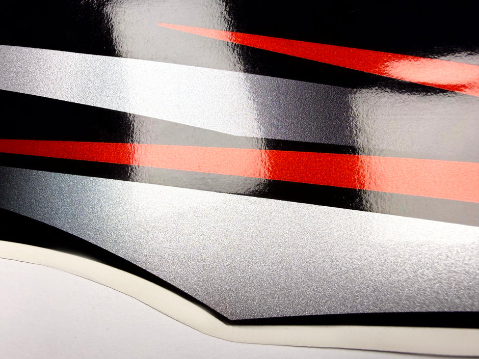 Vinyl graphic red silver shimmer decals set suitable for Suzuki 70 hp four stroke outboard engine. Vinyl stickers kit for suzuki 70 hp four stroke Handmade