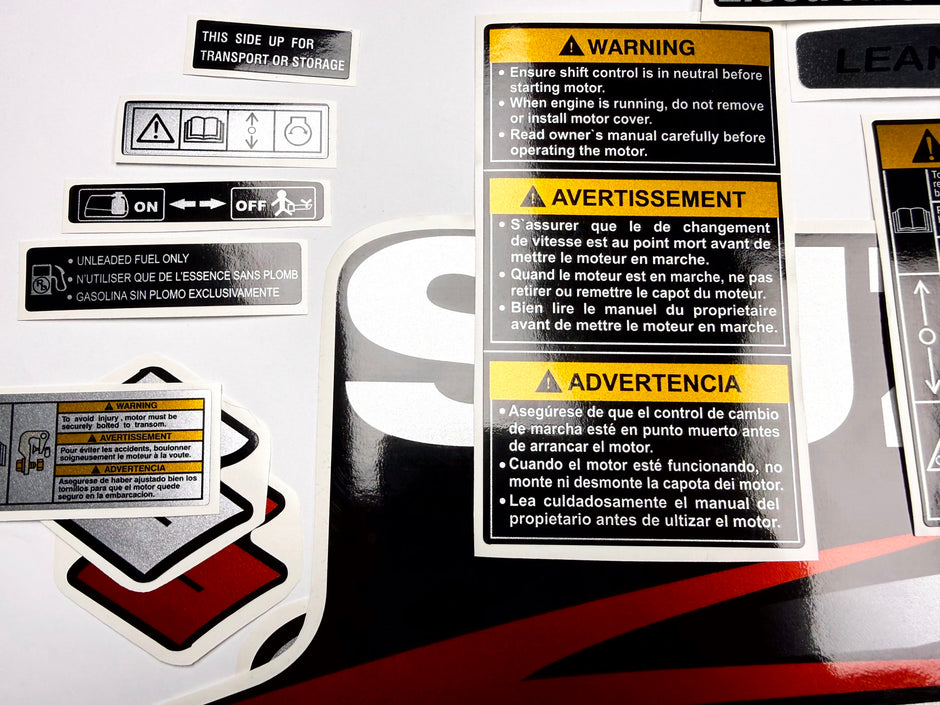 Vinyl graphic red silver shimmer decals set suitable for Suzuki 70 hp four stroke outboard engine. Vinyl stickers kit for suzuki 70 hp four stroke Handmade