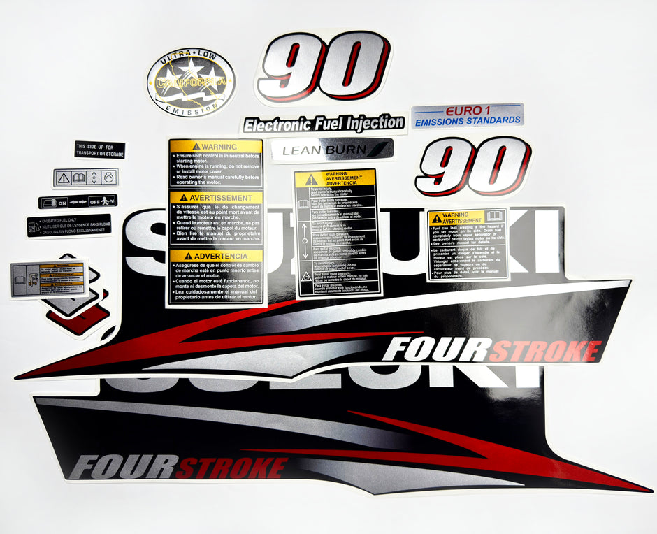 Vinyl graphic red silver shimmer decals set suitable for Suzuki 90 hp four stroke outboard engine. Vinyl stickers kit for suzuki 90 hp four stroke Handmade