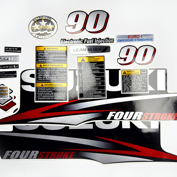 Vinyl graphic red silver shimmer decals set suitable for Suzuki 90 hp four stroke outboard engine. Vinyl stickers kit for suzuki 90 hp four stroke Handmade