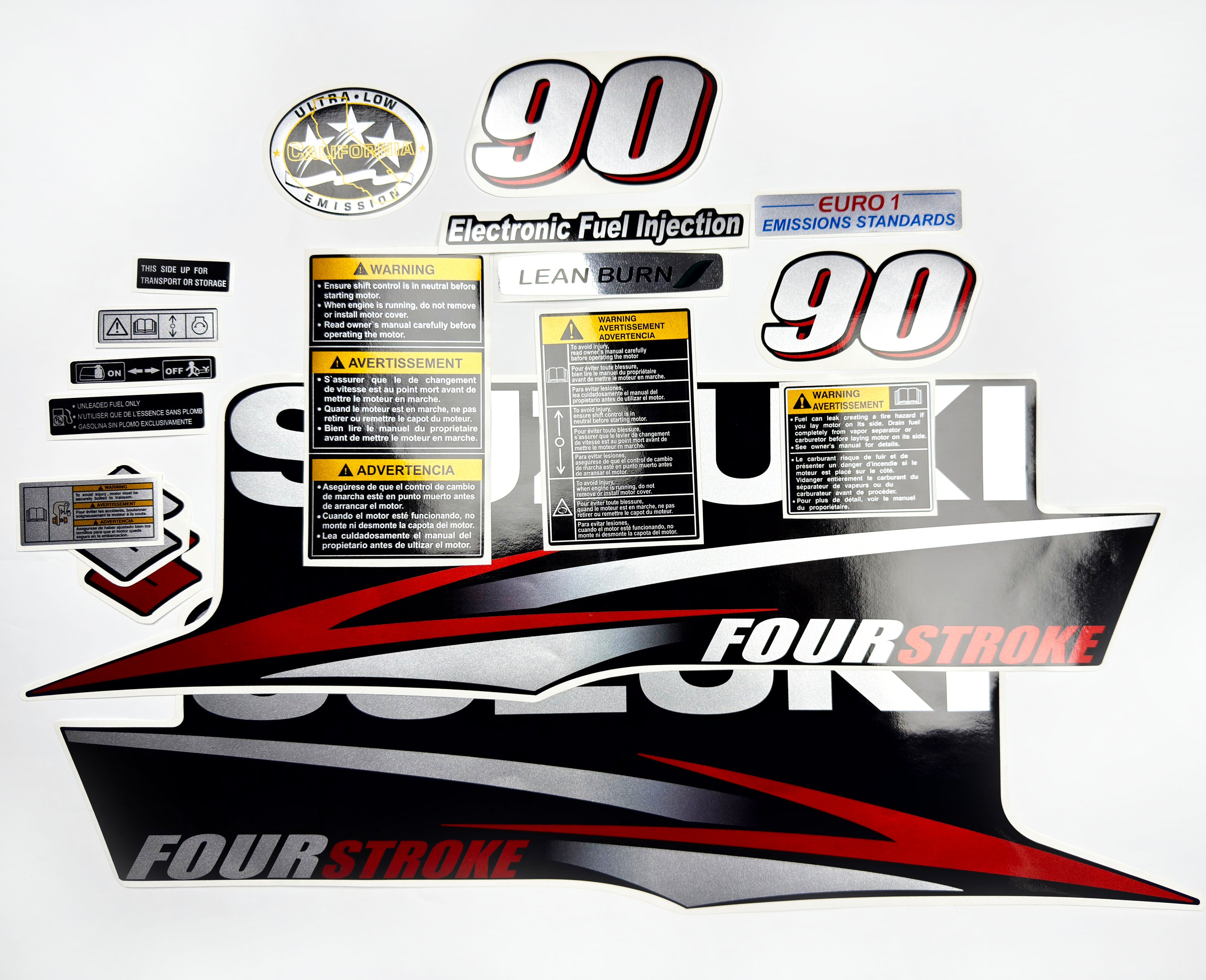 Vinyl graphic red silver shimmer decals set suitable for Suzuki 90 hp four stroke outboard engine. Vinyl stickers kit for suzuki 90 hp four stroke Handmade