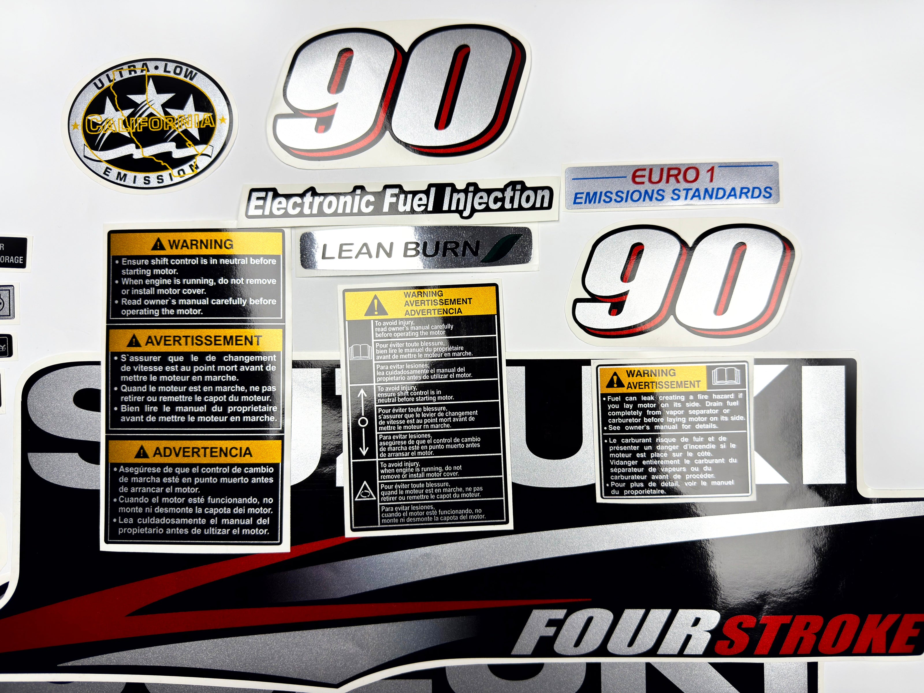 Vinyl graphic red silver shimmer decals set suitable for Suzuki 90 hp four stroke outboard engine. Vinyl stickers kit for suzuki 90 hp four stroke Handmade