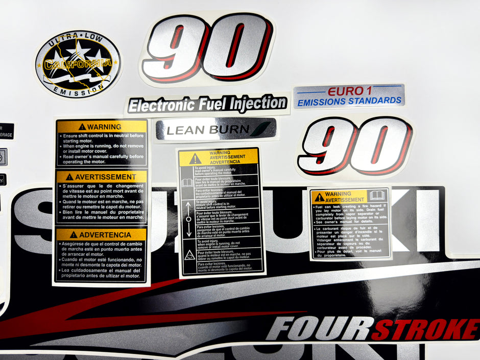 Vinyl graphic red silver shimmer decals set suitable for Suzuki 90 hp four stroke outboard engine. Vinyl stickers kit for suzuki 90 hp four stroke Handmade