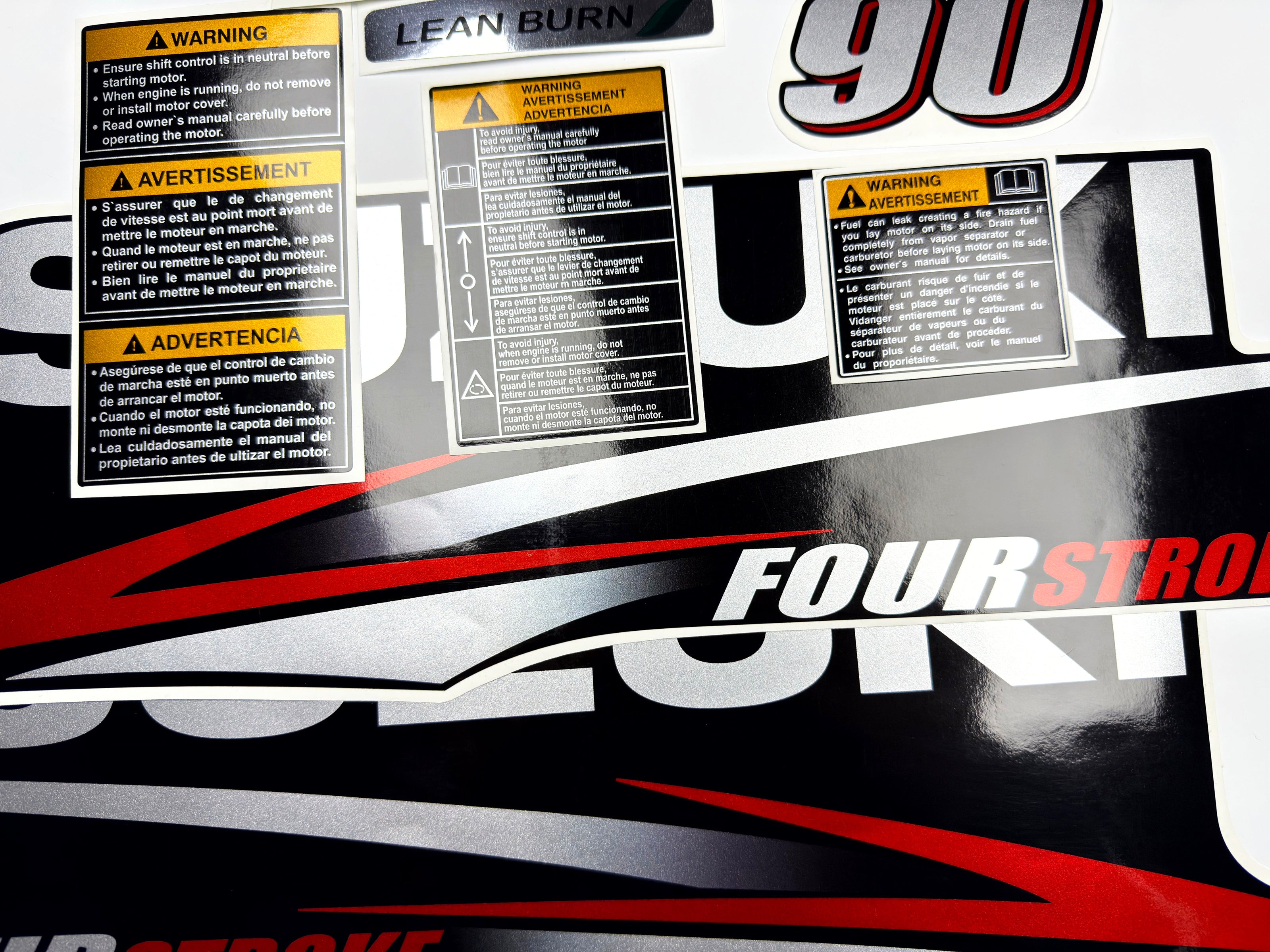 Vinyl graphic red silver shimmer decals set suitable for Suzuki 90 hp four stroke outboard engine. Vinyl stickers kit for suzuki 90 hp four stroke Handmade