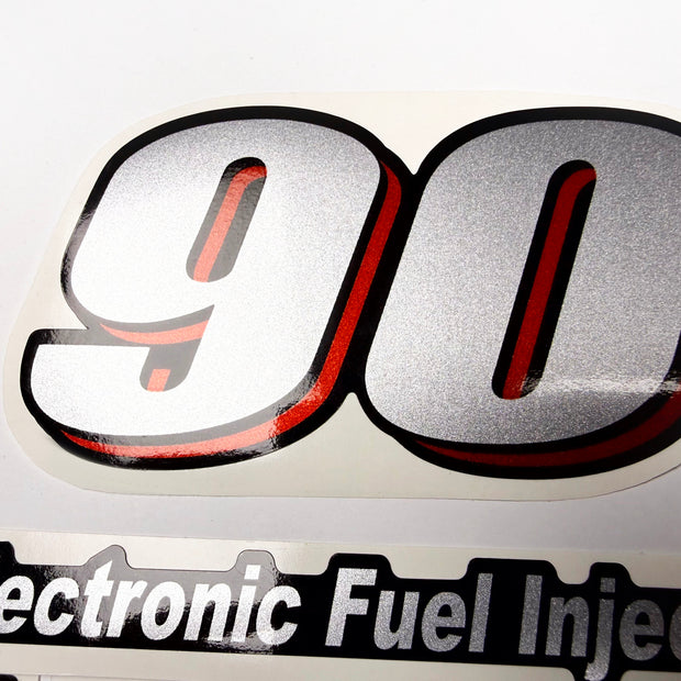 Vinyl graphic red silver shimmer decals set suitable for Suzuki 90 hp four stroke outboard engine. Vinyl stickers kit for suzuki 90 hp four stroke Handmade