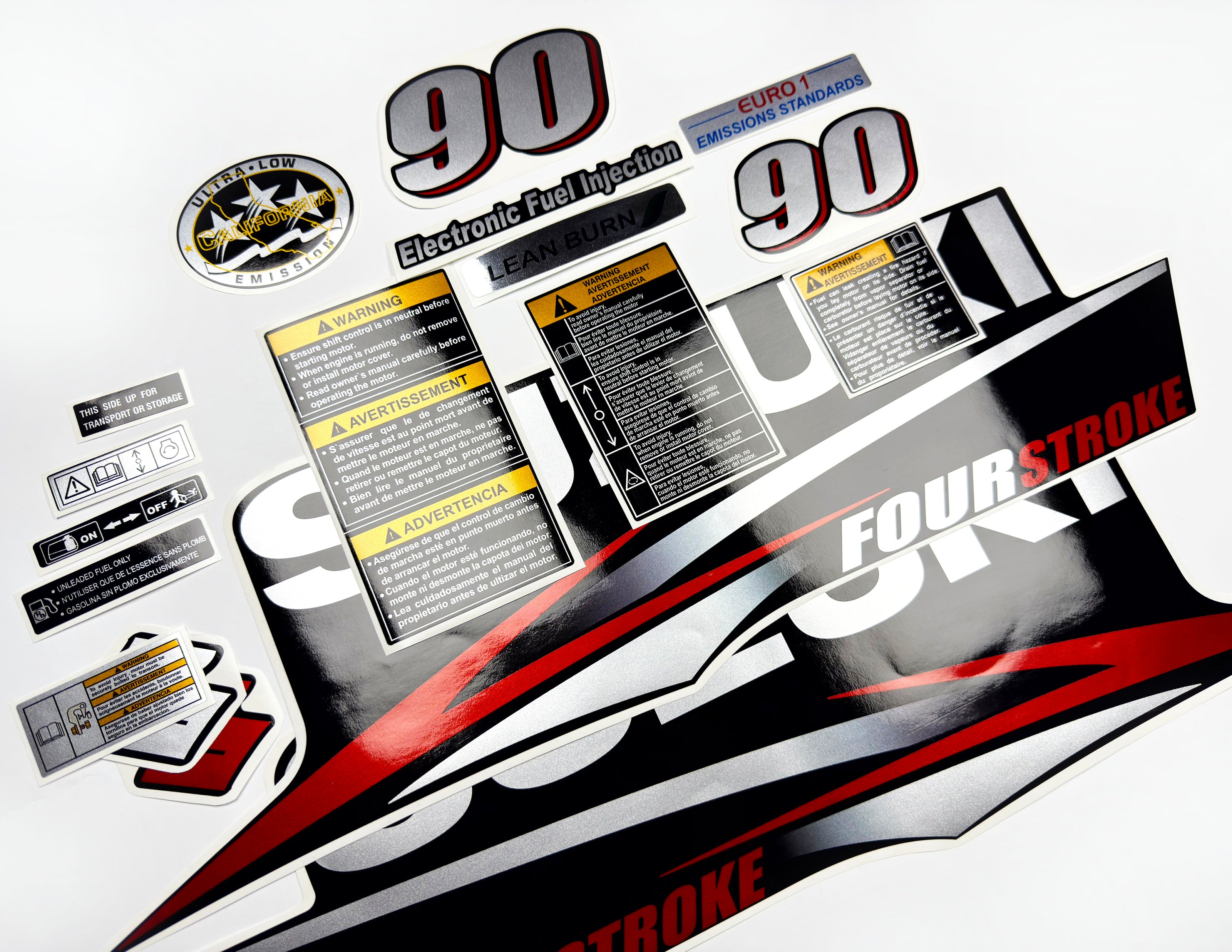 Vinyl graphic red silver shimmer decals set suitable for Suzuki 90 hp four stroke outboard engine. Vinyl stickers kit for suzuki 90 hp four stroke Handmade