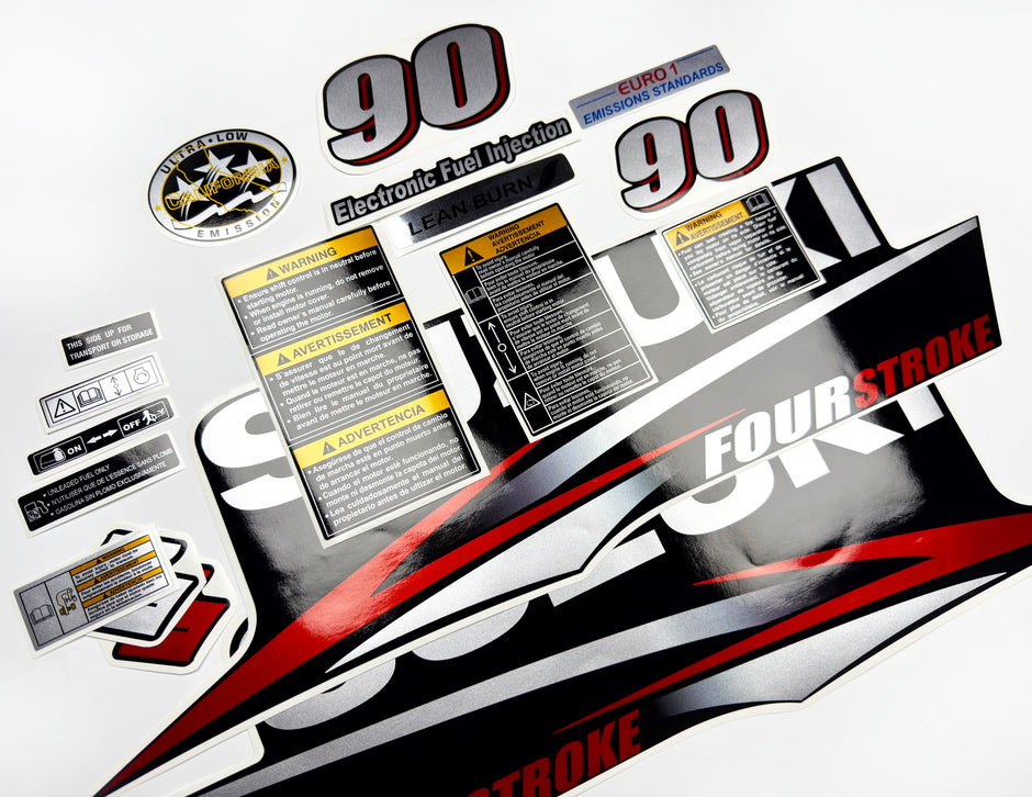Vinyl graphic red silver shimmer decals set suitable for Suzuki 90 hp four stroke outboard engine. Vinyl stickers kit for suzuki 90 hp four stroke Handmade