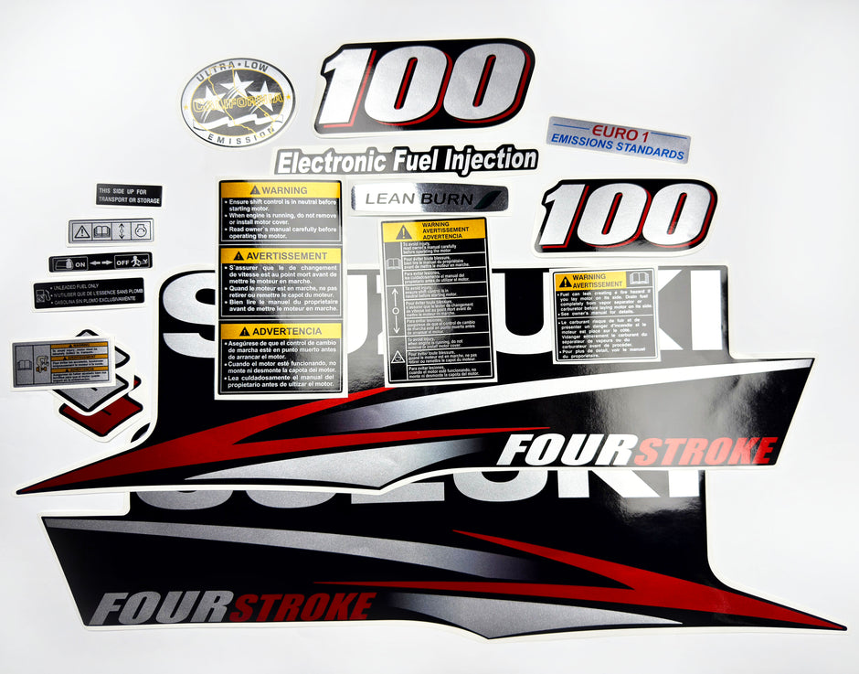 Vinyl graphic red silver shimmer decals set suitable for Suzuki 100 hp four stroke outboard engine. Vinyl stickers kit for suzuki 100 hp four stroke Handmade