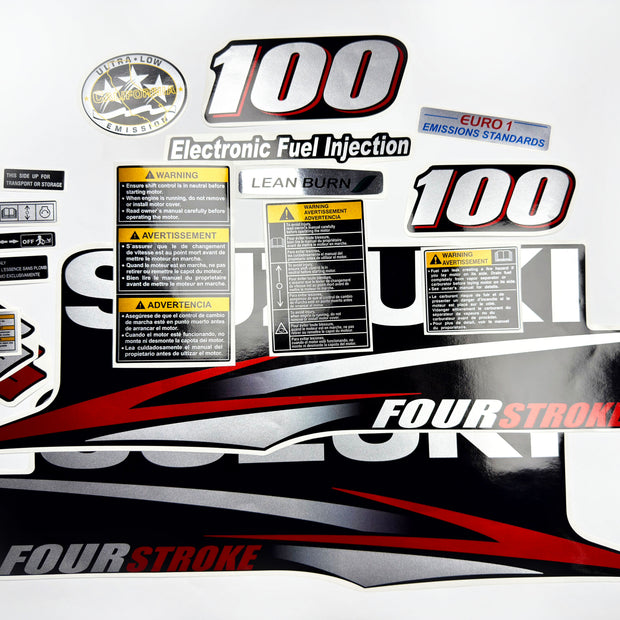 Vinyl graphic red silver shimmer decals set suitable for Suzuki 100 hp four stroke outboard engine. Vinyl stickers kit for suzuki 100 hp four stroke Handmade