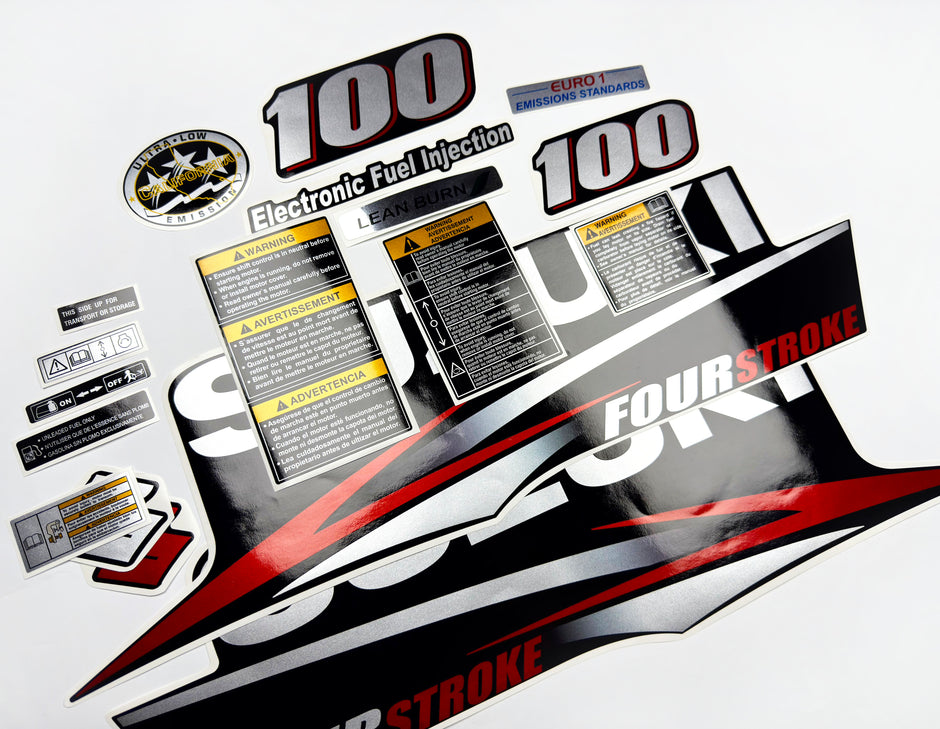 Vinyl graphic red silver shimmer decals set suitable for Suzuki 100 hp four stroke outboard engine. Vinyl stickers kit for suzuki 100 hp four stroke Handmade