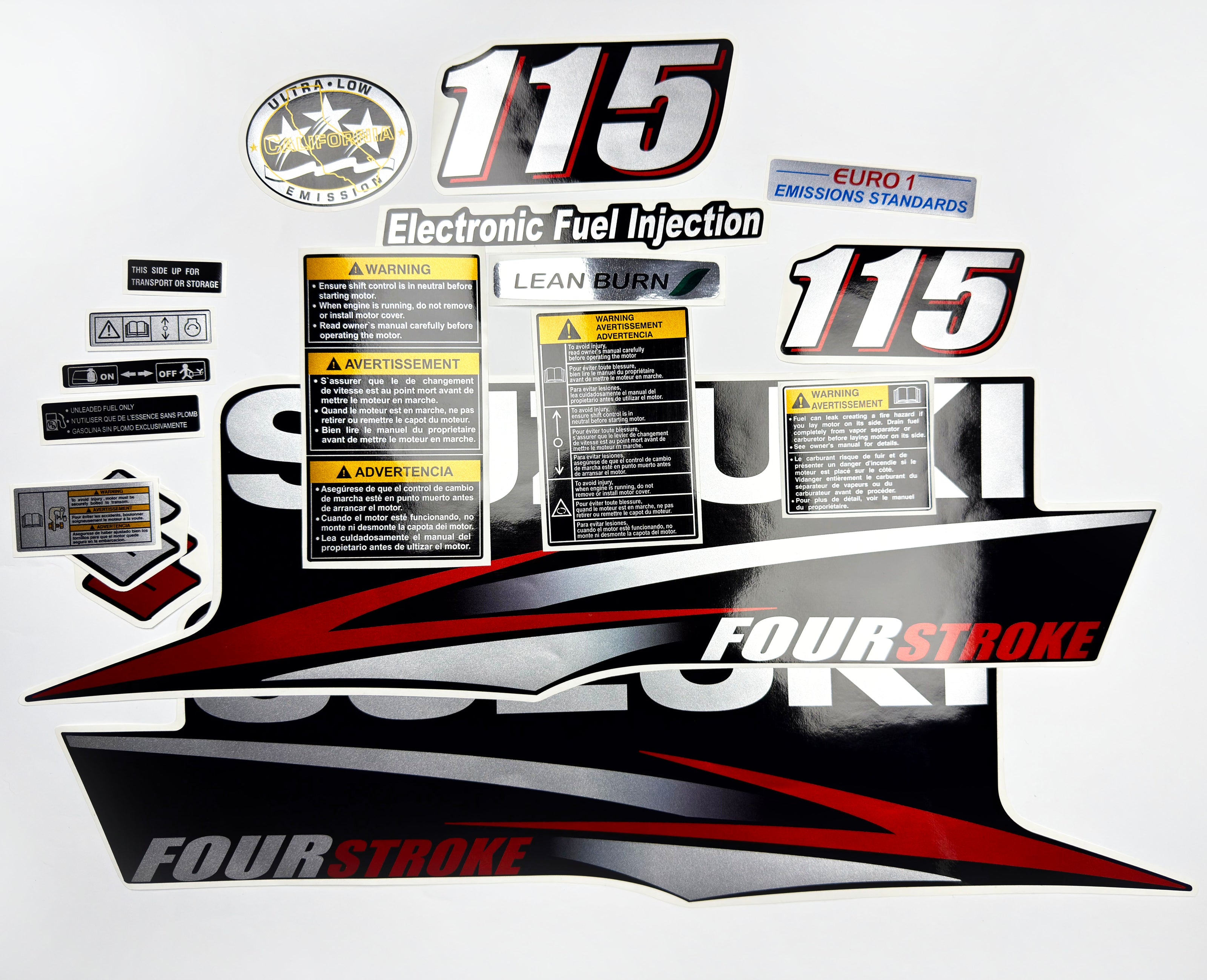 Vinyl graphic red silver shimmer decals set suitable for Suzuki 115 hp four stroke outboard engine. Vinyl stickers kit for suzuki 115 hp four stroke Handmade