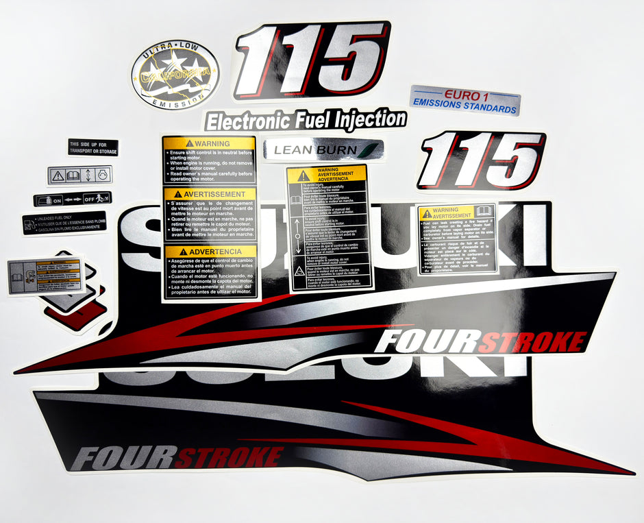 Vinyl graphic red silver shimmer decals set suitable for Suzuki 115 hp four stroke outboard engine. Vinyl stickers kit for suzuki 115 hp four stroke Handmade