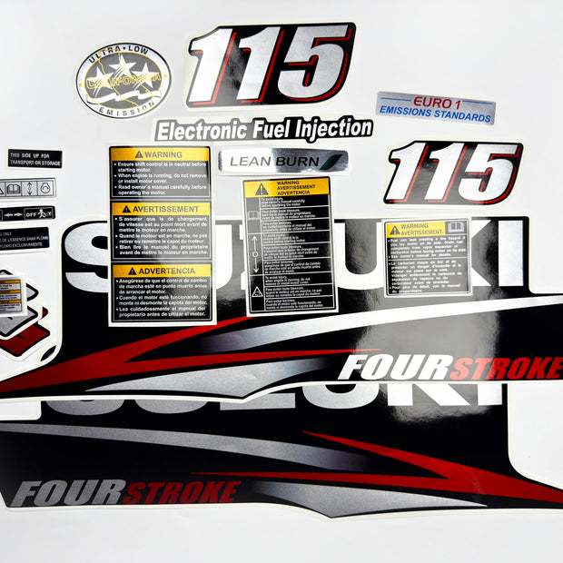 Vinyl graphic red silver shimmer decals set suitable for Suzuki 115 hp four stroke outboard engine. Vinyl stickers kit for suzuki 115 hp four stroke Handmade