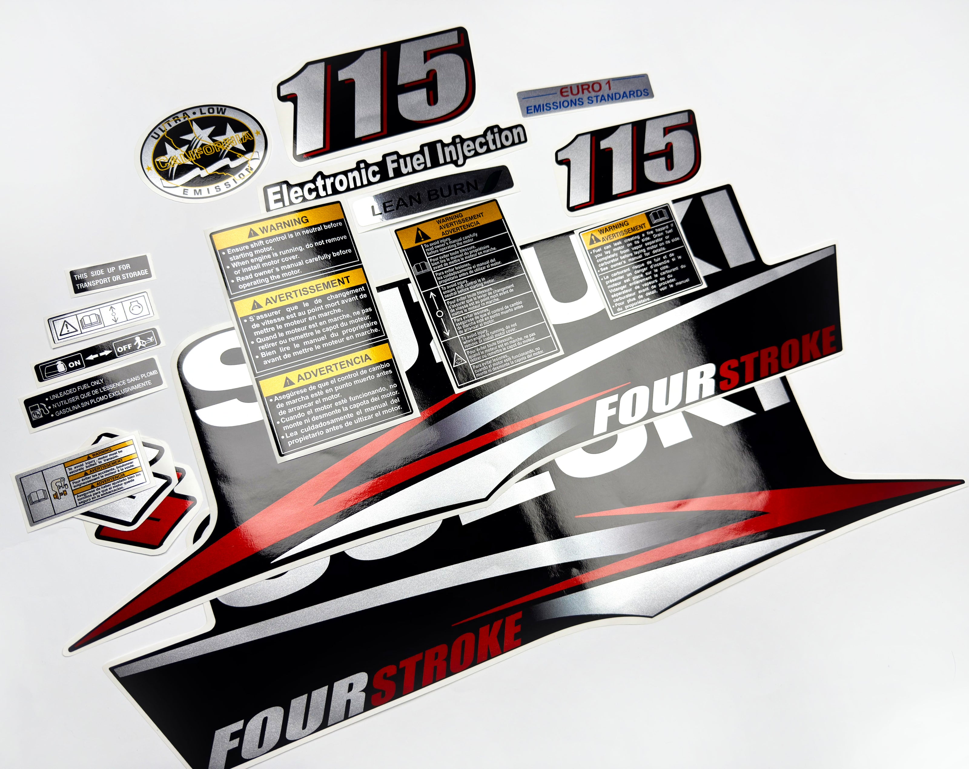 Vinyl graphic red silver shimmer decals set suitable for Suzuki 115 hp four stroke outboard engine. Vinyl stickers kit for suzuki 115 hp four stroke Handmade