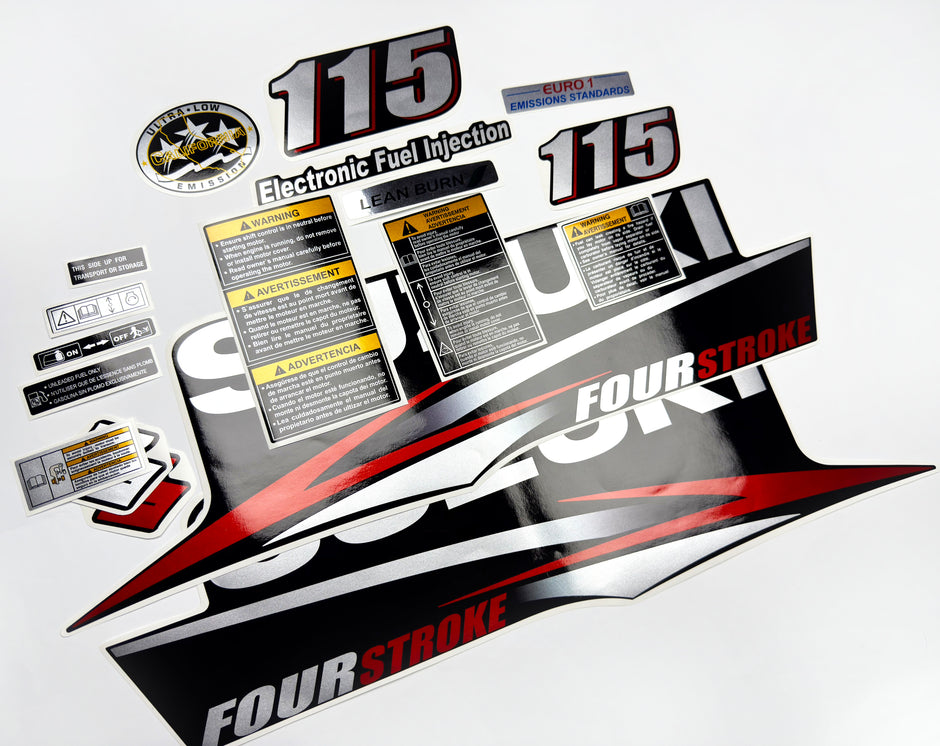 Vinyl graphic red silver shimmer decals set suitable for Suzuki 115 hp four stroke outboard engine. Vinyl stickers kit for suzuki 115 hp four stroke Handmade