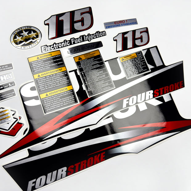 Vinyl graphic red silver shimmer decals set suitable for Suzuki 115 hp four stroke outboard engine. Vinyl stickers kit for suzuki 115 hp four stroke Handmade