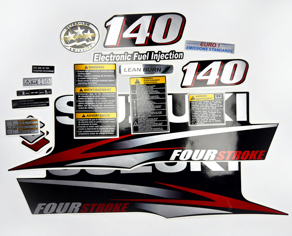 Vinyl graphic red silver shimmer decals set suitable for Suzuki 140 hp four stroke outboard engine. Vinyl stickers kit for suzuki 140 hp four stroke Handmade